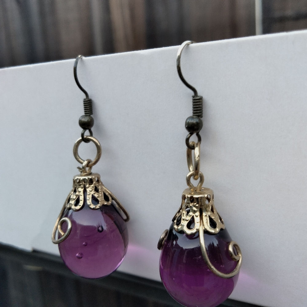 Purple Glass Teardrop Earrings with Gold Caps Vintage